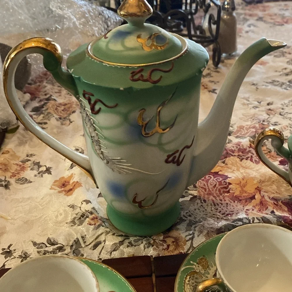 Vintage Dragonware Tea Set JB Betsons Green Hand Painted Moriage 14 pc set Japan